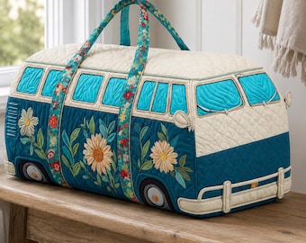 Floral Camper Van Weekender Bag, Retro Boho Travel Duffle, Vintage Hippie Overnight Bag, Flower Power Gift for Her