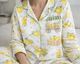 Set pigiama Lemon, abbigliamento da notte Costiera Amalfitana, pigiama con stampa agrumi, abbigliamento da casa estivo italiano, grazioso set con bottoni, regalo per lei
