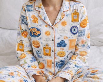 Set pigiama mediterraneo, set relax Costiera Amalfitana, pigiama con stampa agrumata, completo estivo italiano, regalo di vacanza per lei