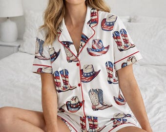 USA 250 Pajama Set Women, Patriotic Cowgirl Pajamas, Americana Western Sleepwear, Fourth of July PJs, Bicentennial Style, Gift for Her