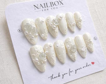 Bridal Press On Nails, White Pearl Nails, Wedding Nails Set, Almond Nails, Elegant Bride Nails, Luxury Press On Nails