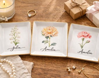 Portagioie personalizzato con nome, portaanelli floreale personalizzato, vassoio portagioie con fiore di nascita, regalo per damigella d'onore, portagioie minimalista