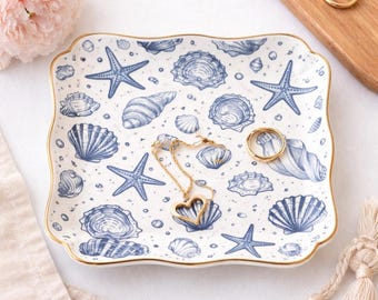 Plato para joyas de estilo costero, plato para anillos con forma de concha marina, bandeja para baratijas de playa, soporte para joyas con decoración oceánica, regalo náutico para ella, plato de conchas