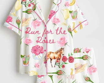 Run for the Roses Pajama Set, Kentucky Derby Pajamas, Horse Racing Floral PJ Set, Derby Party Outfit, Gift for Her