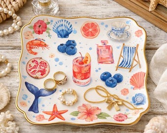 Bandeja para joyas de verano, bandeja para baratijas costera, bandeja para anillos con estética playera, decoración oceánica colorida, lindo joyero, regalo para ella.