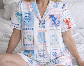 Pijama de verano junto al mar, regalo para ella, conjunto de ropa de dormir playera costera, ropa de estar por casa de manga corta, conjunto de pijama para vacaciones