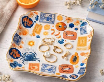 Bandeja para joyas mediterránea, bandeja para baratijas con motivos cítricos, decoración de la costa de Amalfi, soporte vintage para joyas de viaje, bandeja para anillos con estética veraniega