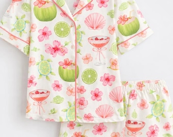 Cute Floral Pajama Set, Coconut Drink Pajamas, Pink Summer Sleepwear, Aesthetic Short Sleeve PJs, Soft Girl Lounge Set, Gift for Her