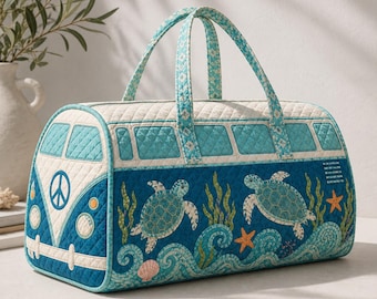 Sea Turtle Hippie Van Weekender Bag, Coastal Beach Travel Duffle, Ocean Peace Sign Overnight Bag, Gift for Her