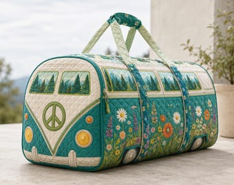 Forest Hippie Van Travel Bag, Peace Sign Floral Weekender, Cottagecore Camper Duffle, Wildflower Boho Gift