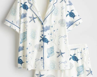Sea Turtle Pajama Set, Coastal Grandma PJs, Beach Pajamas Women, Ocean Sleepwear, Nautical Lounge Set Gift for Her