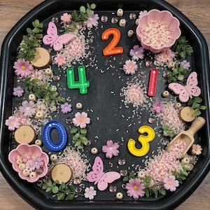 May include: A black octagonal sensory tray filled with pink and white rice, scattered wooden beads, small wood slices, artificial green vines, pink flower blossoms, three pink butterfly cutouts, and plastic numbers zero through four.