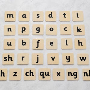 May include: A set of square, light-coloured wooden tiles arranged in five rows. Each tile features a black lowercase letter or digraph, including m, a, s, d, t, i, n, p, g, o, c, k, u, b, f, e, l, h, sh, r, j, v, y, w, th, z, ch, qu, x, ng, and nk.