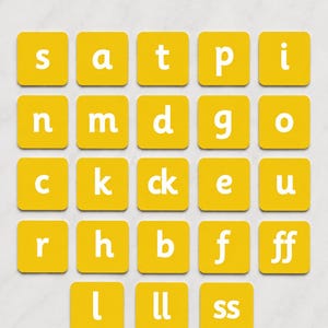 May include: A set of square yellow tiles arranged in a grid, each featuring a single white lowercase letter or letter combination. The tiles display the characters s, a, t, p, i, n, m, d, g, o, c, k, ck, e, u, r, h, b, f, ff, l, ll, and ss in a simple sans-serif font.