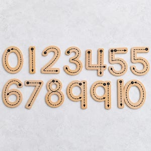 May include: A set of light-coloured wooden number cutouts from zero to ten. Each number features black dashed lines with arrows and numbered dots indicating the correct stroke order for writing, arranged in two rows on a light background.