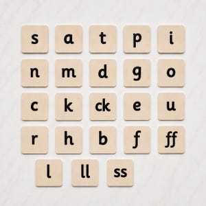 May include: A set of twenty-two square light beige wooden tiles arranged in a grid, each featuring a single black lowercase letter or letter combination including s, a, t, p, i, n, m, d, g, o, c, k, ck, e, u, r, h, b, f, ff, l, ll, and ss.