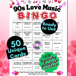 Bingo Musical com Músicas Românticas dos Anos 90 – 50 Cartelas + Playlist do Spotify | Jogo para Festa de Dia dos Namorados