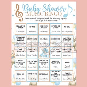 May include: Baby shower music bingo game with a blue and gold theme. The game includes song titles and artist names, such as "Sweet Child O' Mine" by Guns N' Roses. The game is decorated with musical notes and teddy bears.