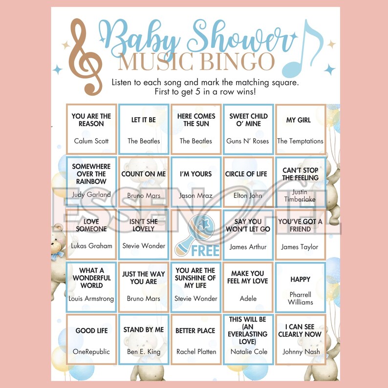 May include: Baby shower music bingo game with a blue and gold theme. The game includes song titles and artist names, such as "Sweet Child O' Mine" by Guns N' Roses. The game is decorated with musical notes and teddy bears.