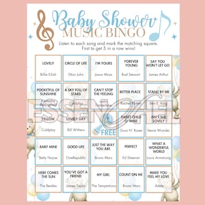 May include: A baby shower music bingo game card with a blue and gold theme. The card features a grid of song titles and artists, with the words "Baby Shower Music Bingo" at the top. Includes the text "Listen to each song and mark the matching square. First to get 5 in a row wins!"