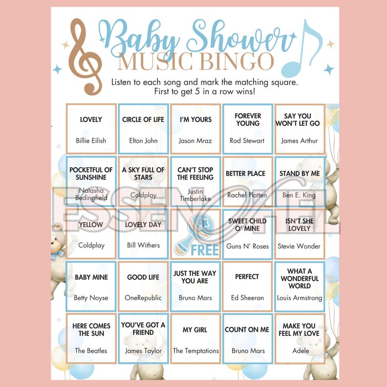 May include: A baby shower music bingo game card with a blue and gold theme. The card features a grid of song titles and artists, with the words "Baby Shower Music Bingo" at the top. Includes the text "Listen to each song and mark the matching square. First to get 5 in a row wins!"