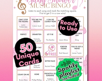 Baby Girl Baby Shower Music Bingo Game – 50 Cards, Spotify Playlist (PDF Download)