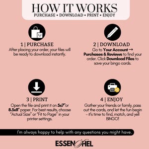 May include: A pink and white graphic with the text "HOW IT WORKS" and instructions for purchasing, downloading, printing, and enjoying a product. The steps include icons for each stage, such as a shopping bag and a printer.
