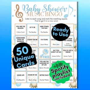 May include: Baby shower music bingo game with a blue and gold color scheme. The game includes 50 unique cards and a Spotify playlist. The text on the card includes song titles and artist names. The words "Ready to Use" are also visible.