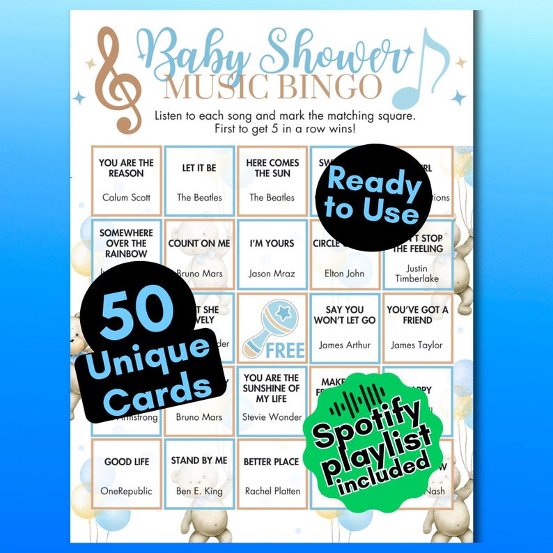 May include: Baby shower music bingo game with a blue and gold color scheme. The game includes 50 unique cards and a Spotify playlist. The text on the card includes song titles and artist names. The words "Ready to Use" are also visible.