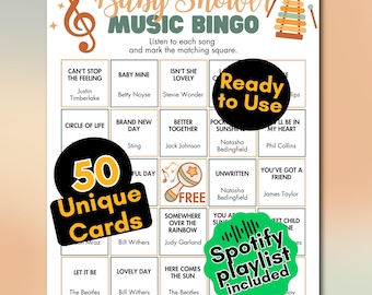 Baby Shower Music Bingo Game – 50 Gender Neutral Cards, Spotify Playlist (PDF Download)