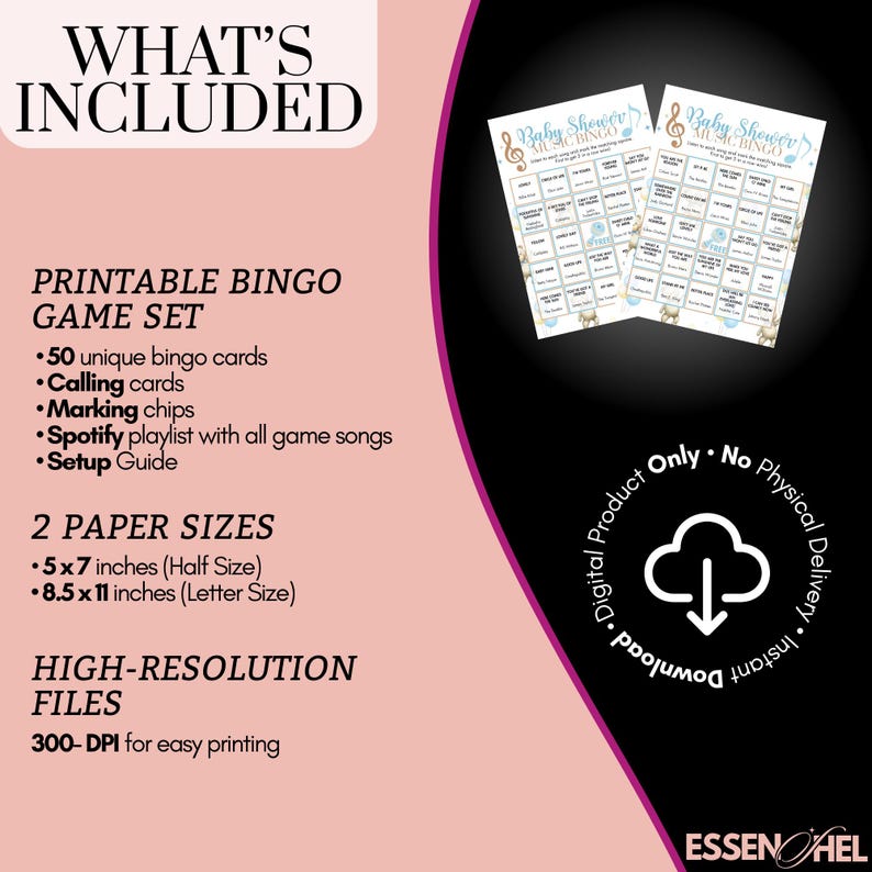 May include: Printable baby shower bingo game set with 50 unique bingo cards, calling cards, marking chips, a Spotify playlist, and a setup guide. Includes two paper sizes: 5x7 inches and 8.5x11 inches. High-resolution files for easy printing.