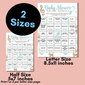 May include: Baby shower music bingo game in two sizes: 5x7 inches and 8.5x11 inches. The game features song titles and artist names, with a musical note and teddy bear graphics. The text includes "Baby Shower Music Bingo".