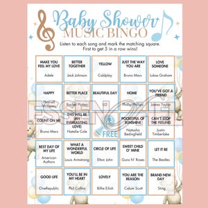 May include: Baby shower music bingo game with a blue and gold theme. The game includes a grid of song titles and artists, such as Adele, Bruno Mars, and The Beatles. The text "Baby Shower Music Bingo" is at the top.