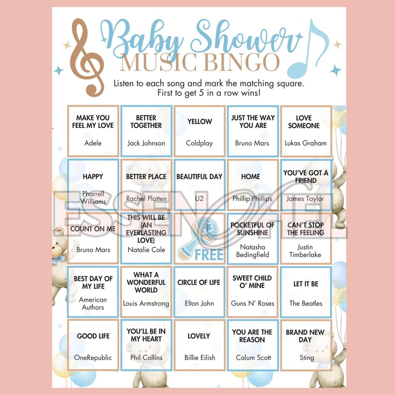 May include: Baby shower music bingo game with a blue and gold theme. The game includes a grid of song titles and artists, such as Adele, Bruno Mars, and The Beatles. The text "Baby Shower Music Bingo" is at the top.