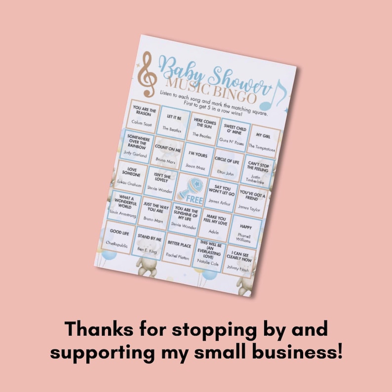 May include: A baby shower music bingo game card with a light blue and gold musical note design. The card features song titles and artist names, with a teddy bear graphic at the bottom. The text reads "Baby Shower Music Bingo".