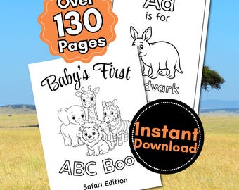 Safari Baby Shower ABC Coloring Book – 130+ Pages, Guest Activity (PDF Download)