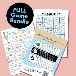 May include: A baby shower game bundle featuring a music bingo game, marking chips, and a setup guide. The bingo card has song titles and a music note graphic. The marking chips say "It's a Boy!" in blue. A QR code is included.