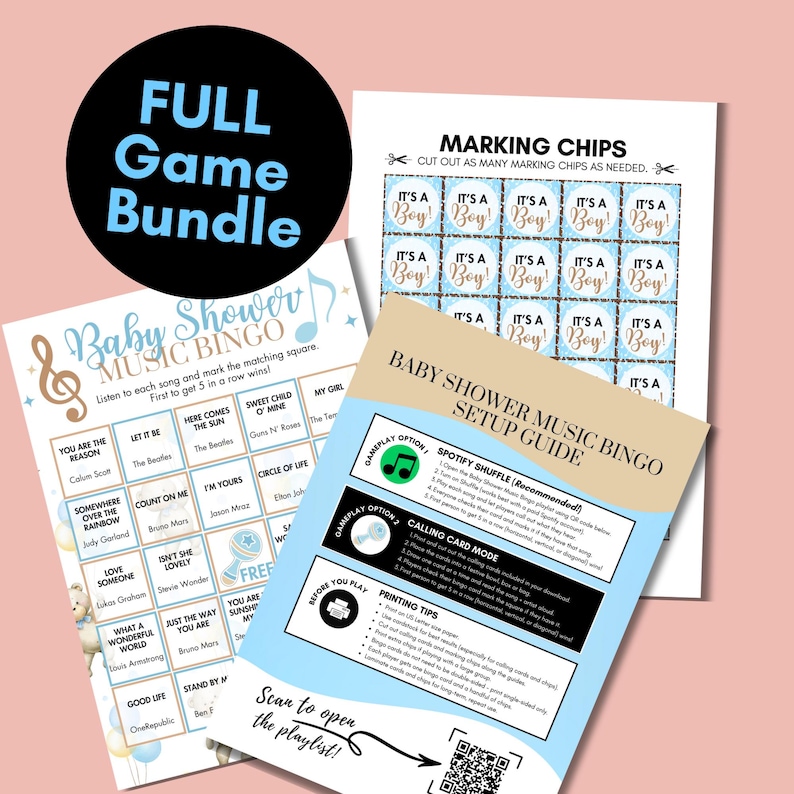 May include: A baby shower game bundle featuring a music bingo game, marking chips, and a setup guide. The bingo card has song titles and a music note graphic. The marking chips say "It's a Boy!" in blue. A QR code is included.