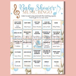 May include: Baby shower music bingo game with a musical note theme. The bingo card features song titles and artist names, with a soft blue and gold color scheme. Includes teddy bear and balloon graphics.