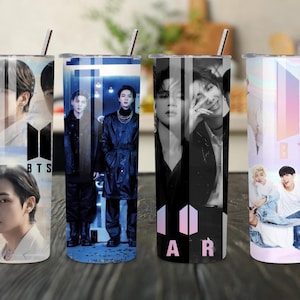 May include: Four cylindrical stainless steel tumblers with lids and metal straws, each featuring photographic prints of the music group BTS, including individual portraits, group shots, the BTS logo, and the text 10 YEAR in a vertical layout.