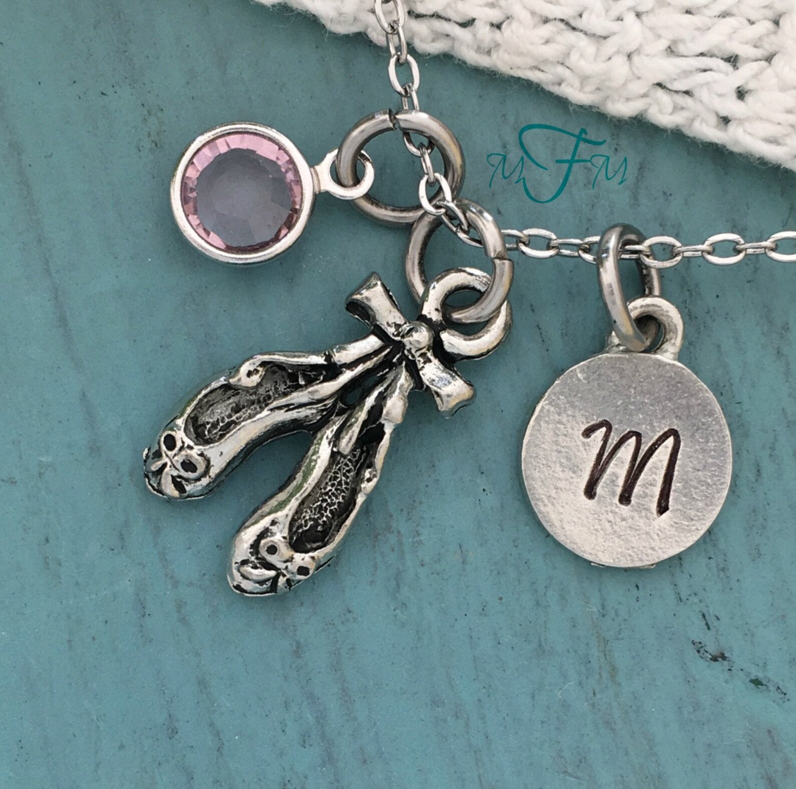 ballet shoes charm necklace, personalized necklace, silver pewter ballet shoes charm, custom necklace, swarovski crystal birthst
