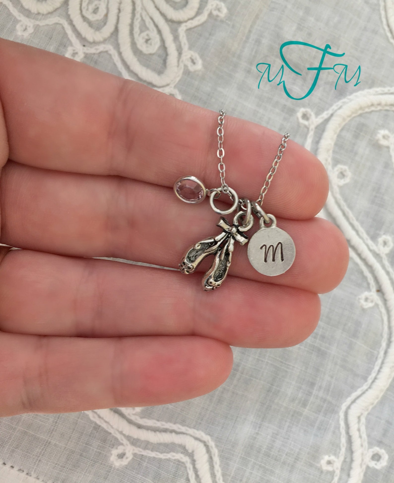ballet shoes charm necklace, personalized necklace, silver pewter ballet shoes charm, custom necklace, swarovski crystal birthst