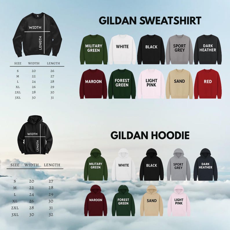 May include: A product image showcasing Gildan sweatshirts and hoodies in various colors, including military green, white, black, and maroon. Size charts are included, detailing width and length measurements in inches.