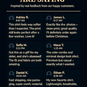 May include: Image featuring customer testimonials for "The Daily Thread." Text includes positive feedback on shirt quality, comfort, and shipping. The phrase "Wear What's Trending" is also displayed.