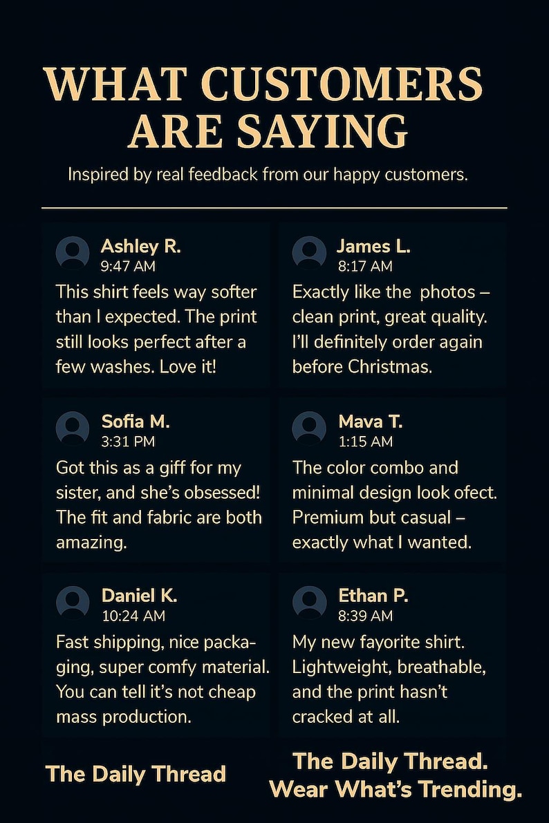May include: Image featuring customer testimonials for "The Daily Thread." Text includes positive feedback on shirt quality, comfort, and shipping. The phrase "Wear What's Trending" is also displayed.
