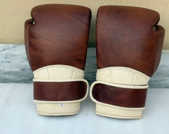 Elegant Cream & Brown Leather Boxing Gloves - Ideal for Training or Display