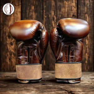 May include: A pair of brown leather boxing gloves with a distressed finish. The gloves have a padded design and a tan wrist strap. The gloves are displayed on a wooden surface. The logo "Punching Bags Heaven" is visible in the top left corner.