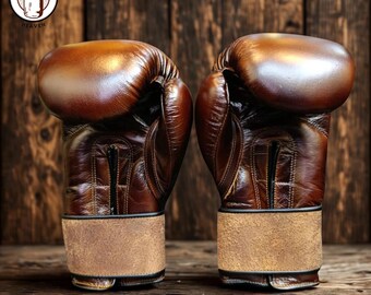 Handcrafted Dark Brown Leather Boxing Gloves, Vintage Sparring Training Gear