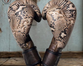 Python Print Leather Boxing Gloves, Handmade Boxing Gloves, Kickboxing, Muay Thai, Sparring, Heavy Bag Training