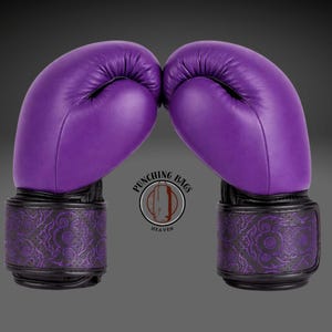 Purple Boxing Gloves, Custom Embossed Cuffs, Professional Boxing Style, Stylish Fight Gear, Unique Boxing Gloves image 1